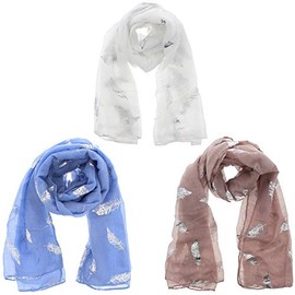 Zac's Alter Ego Set of 3 Ladies Lightweight Assorted Colour Silver Foil Feathers Print Scarves