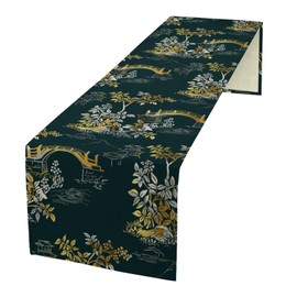 JanJCurt Camino de mesa de paisaje chino, estilo clásico oriental, diseño de plantas de puente blanco dorado con estampado de hojas para el hogar, cocina, mesa de comedor, día festivo, fiesta,