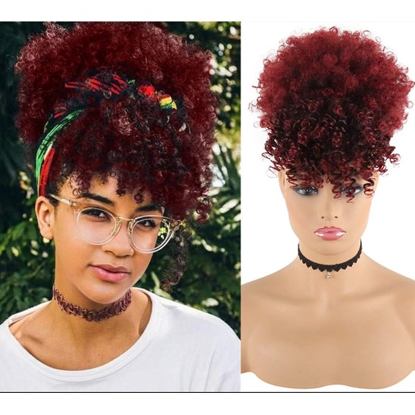 CINHOO Afro High Puff Hair Bun Ponytail Drawstring With Bangs Black Cherry Hair Synthetic Short Kinkys Curly Pineapple Pony Tail Clip in on Wrap Updo Hair Extension for African American Women (1B/Bug)