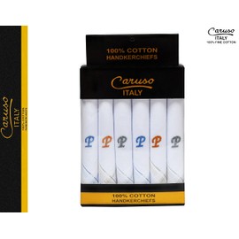 Caruso Italy Men's Initial Monogram P Embroidery 100% Pure Cotton Handkerchief White Base With Colored Border - Pack Of 6