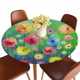 Guxxuil Spring Flowers Round Fitted Tablecloth Green Yellow Flower Watercolor Floral Bright Elastic Edge Tablecloth Waterproof Oilcloth Table Cover for 40"-44"