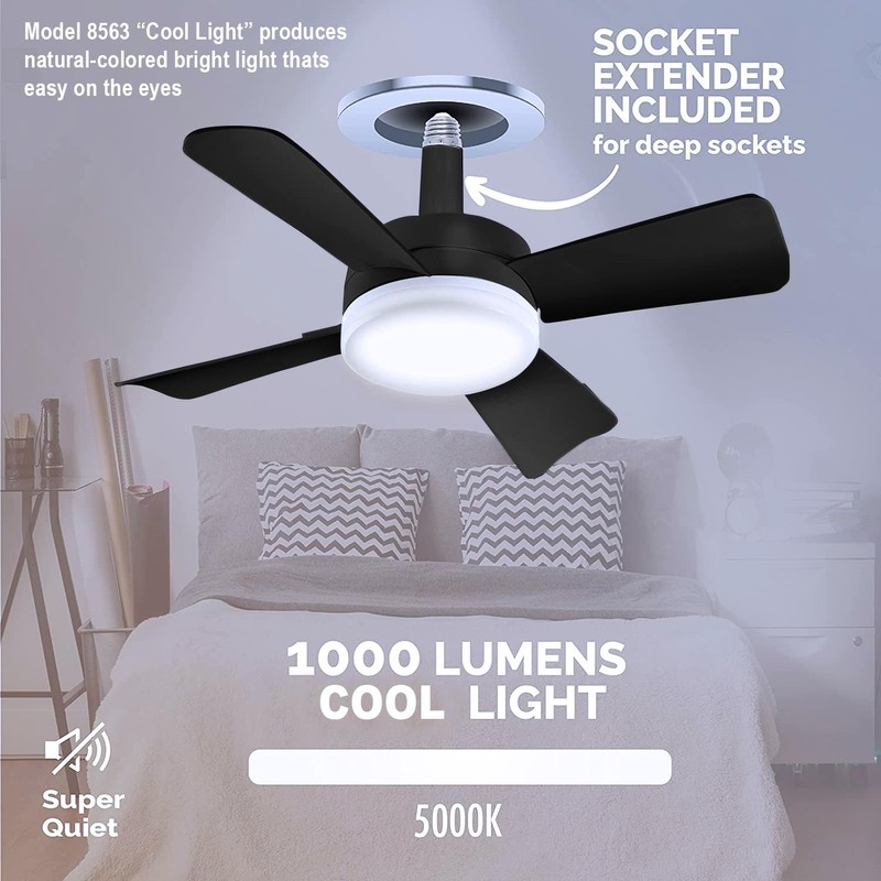Bell+Howell Socket Breeze Deluxe, Small Ceiling Fan with LED Light