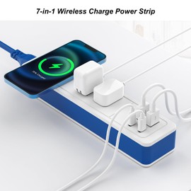 7-in-1 Wireless Charge Power Strip for Nightstand Desktop,2 AC Outlet,2 USB-A and 2 USB-C Ports,Fast Charging Station for Office Dorm Room,6 ft Ddetachable Extension Cord (Blue, 6 FT)