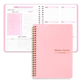 DoubleCare Agenda Semanal Sin Fecha, Cuaderno Espiral A5 Inglés, Agenda de Trabajo, Notas Semanales, Cubierta de PVC Impermeable (rosa)
