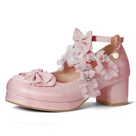 Elerhythm Women's Mary Jane Platform Chunky Block Heels Cute Cosplay Kawaii Bow Lace Dresses Cross-Tied Round Toe Ankle Strap Shoes, Pink a, 9.5