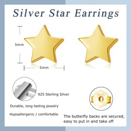 Estrellique 925 Sterling Silver Stud Earrings, Small Stud Earrings, Silver Earrings, Star/Heart/Cross Stud Earrings for Women Girls, Hypoallergenic Cartilage Sleeping Stud Earrings, 5 mm Simple Stud