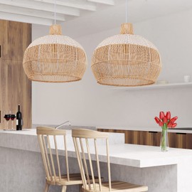 Arturesthome White Handwoven Rattan Boho Pendant Lighting Fixtures, Wicker Hanging Ceiling Light Chandelier, Handmade Woven Basket Lampshade for Kitchen Island