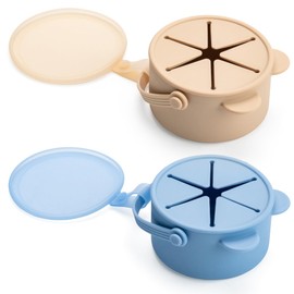 Silicone No Spill Snack Cups for Toddlers – Portable Baby Snack Cup Containers with Dustproof Lid – Dishwasher-Friendly Toddler Spill Proof Cups Without BPA, Lead, or Phthalates – Blue and Beige