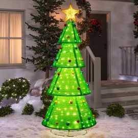 SUNJOY 6.4 FT Jumbo Christmas Lighted Tree, 3D Tinsel Santa Holiday Tree Outdoor Garden Yard Lawn Festive Holiday Decoration with Lights for Indoor & Outdoor