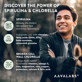 AAVALABS Organic Spirulina and Chlorella Capsules [1800mg] - 200 Chlorella and Spirulina Tablets -High Strength Spirulina Organic Powder and Chlorella Powder - Broken Cell Wall Chlorella