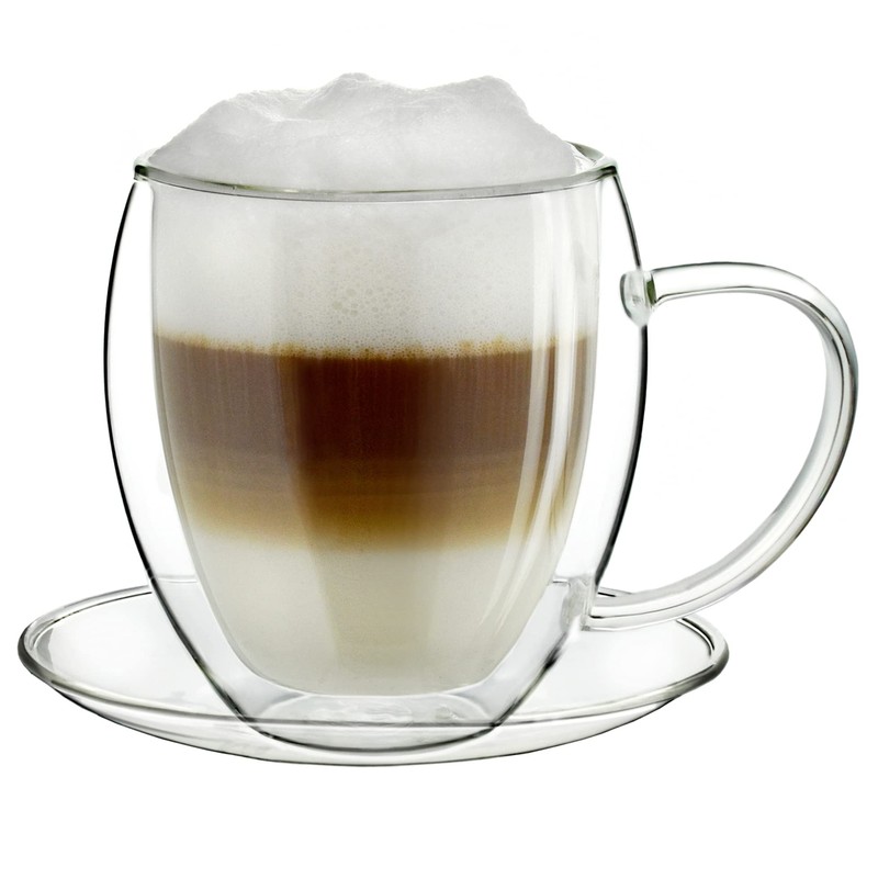 Creano Double Walled Coffee Glasses with Handle & Saucer 250ml