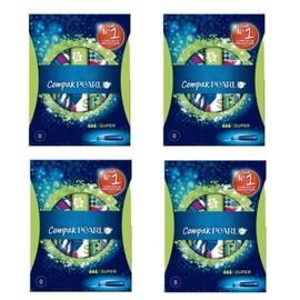 Pearl Compak Super Tampons with MotionFit Technology – Pack of 4 (8 Tampons Each) | Plastic Applicator with Rounded Tip & Anti-Slip Grip, LeakGuard Braid for Leak Protection | Gynaecologically Tested