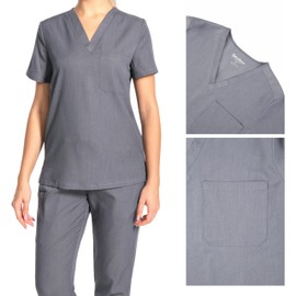 PuriPure Scrubs for Women Set Nurse Uniform Scrubs 4 Way Stretch V-Neck Scrub Top & Jogger Pant with 6 Pockets Scrubs Set (Grey, Small)