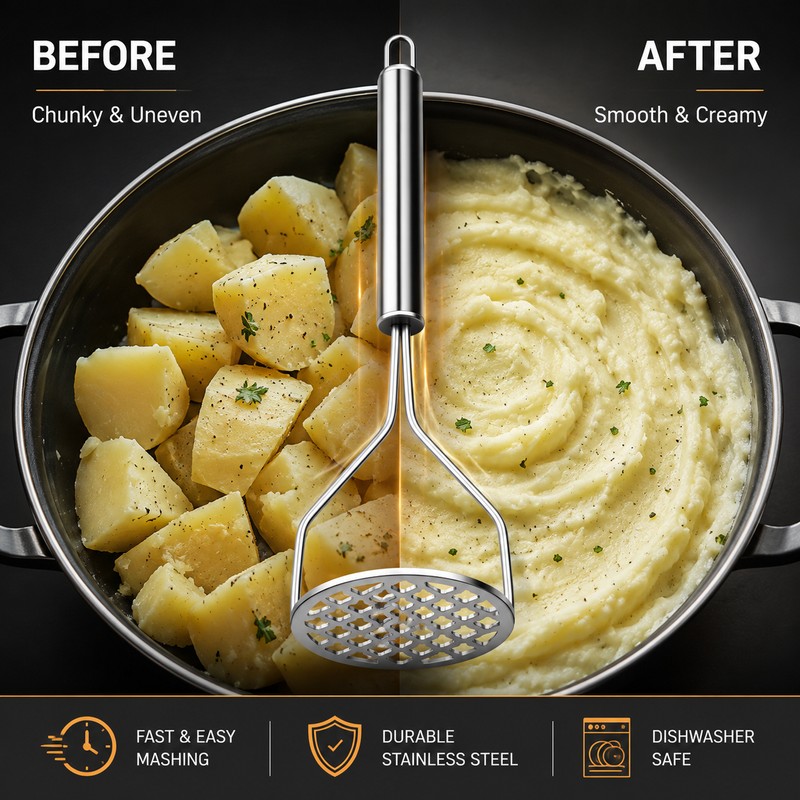 Stainless Steel Potato Masher for Smooth Purees – Ergonomic Hand