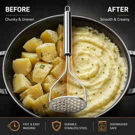 Stainless Steel Potato Masher for Smooth Purees – Ergonomic Hand Press for Vegetables, Fruits and Baby Food