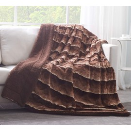 Tache Chocolate Golden Brown Striped Throw Super Soft Warm Faux Fur with Brown Sherpa Back Blanket - 90x90