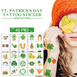 St Patricks Day Glitter Temporary Tattoos, 48pcs Clover Gold Coin Luck Hat Expression Tattoo Sticker St Patrick's, Kiss Me I'm Irish Party Favor, Shamrock Arts Crafts Green Shamrock Decorations