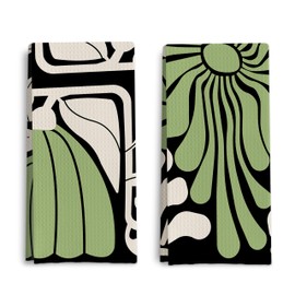 Qpenm Abstract Boho Green and Beige Floral Kitchen Towels Set of 2, Retro 70s Groovy Floral Hand Towels for Bathroom Decor, Modern Minimalist Botanical Dish Tea Towels for Kitchen Decor, 16x24 Inch