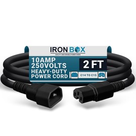 IronBox Electric - Heavy-Duty C14 to C15 PC Power Cable - 10A, 250V, 18/3 SJT - IEC 320 Computer Power Supply Extension Cords - PSU Wire Connectors - Versatile for Home and Office Use(Black, 2 Foot)
