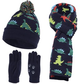 NATUST 3Pcs Boys Hat Scarf Gloves Set Kids Pompoms Beanie Cap Knitted Scarf Gloves Cartoon Dinosaur Print Winter Accessories Sets Navy 2-10 Years