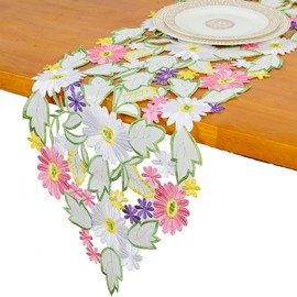 AMARED Spring Daisy Table Runners Embroidered Flowery Applique Floral Cutwork Table Linen for Home Decoration (13 X 69 Inch)