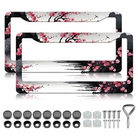 HCSS 2PCS Watercolor Cherry Blossom License Plate Frames, Japanese Sakura Flower Aluminum Metal License Plate Covers, Rust-Proof Waterproof Car Decorative Tag Frames for Standard US 12x6 Inch