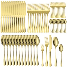 A · HOUSEWARE Gold Silverware Set 12 Stainless Steel Flatware Set 60 Piece Spoon Fork Knives Round Wide Handle Proper Weight Dishwasher Safe Gatherings Festival Parties…