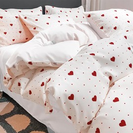 Nesture Bed Linen 135 x 200 cm Girls White Red Hearts Children's Bedding Sets Microfibre Duvet Cover 135 x 200 cm 2-Piece Non-Iron & Soft - 1 Reversible Bed Linen and 1 Pillowcase 80 x 80 cm with Zip