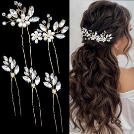5 Pieces Bride Hair Pins Rhinestones Hair Accessories for Women Crystal Wedding Hair Piece for Bride Women Girls Bridesmaids (Gold)
