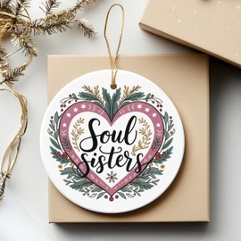 Soul Sisters Round Ceramic Ornament 3 inches Hand-Painted Heart with Intertwined Figures and Silver Ribbon Design