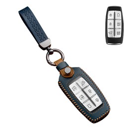 SANRILY FLL Production Leather Key Fob Cover for Genesis GV80 2021 2022 G80 GV70 G90 G70 Keyless 4/6/8 Button Key Case Shell with Keychain Blue
