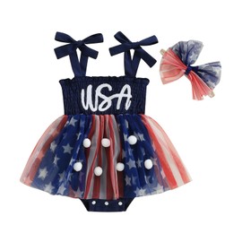 MERSARIPHY Newborn Baby Girl Summer Outfit Sleeveless Ruffle Smocked Halter Tulle Romper Dress One-piece Jumpsuit Clothes(4th of july style D,6-9 Months)