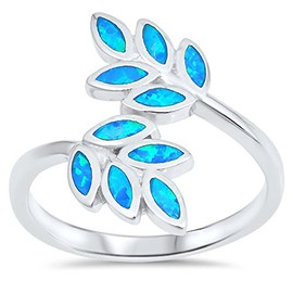 Blue Simulated Opal Leaf Branch Vine Tree Ring New 925 Sterling Silver Band Size 10