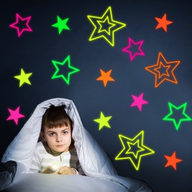 48 Stücke Neon Leuchten Stern Aufkleber Bunte Hohle Stern Aufkleber Leuchtend Funkeln Stern Ausschnitte Leuchten Party Lieferungen Hängendes Dekor für Geburtstagsfeier Hochzeit Ramadan