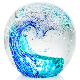 YWHL Hand Blown Ocean Decor Glass Waves Figurines Ball, Ocean Themed Gifts for Women Men, Sea Glass Decoration Collectible Figurines Paperweight for Home Office Decor