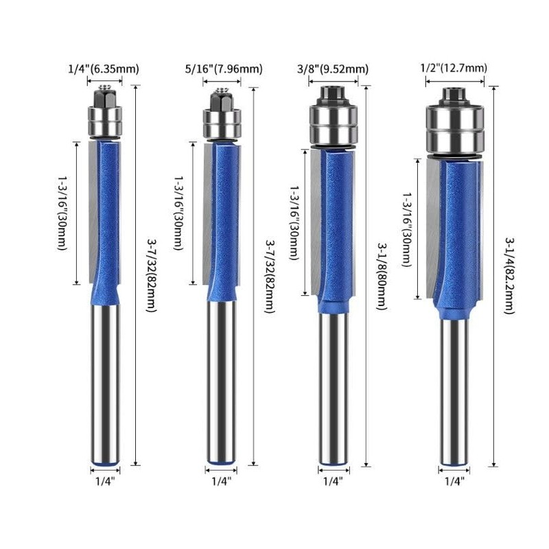 4Pcs Flush Trim Bit 6mm 1/4 Inch Shank Router Bits,