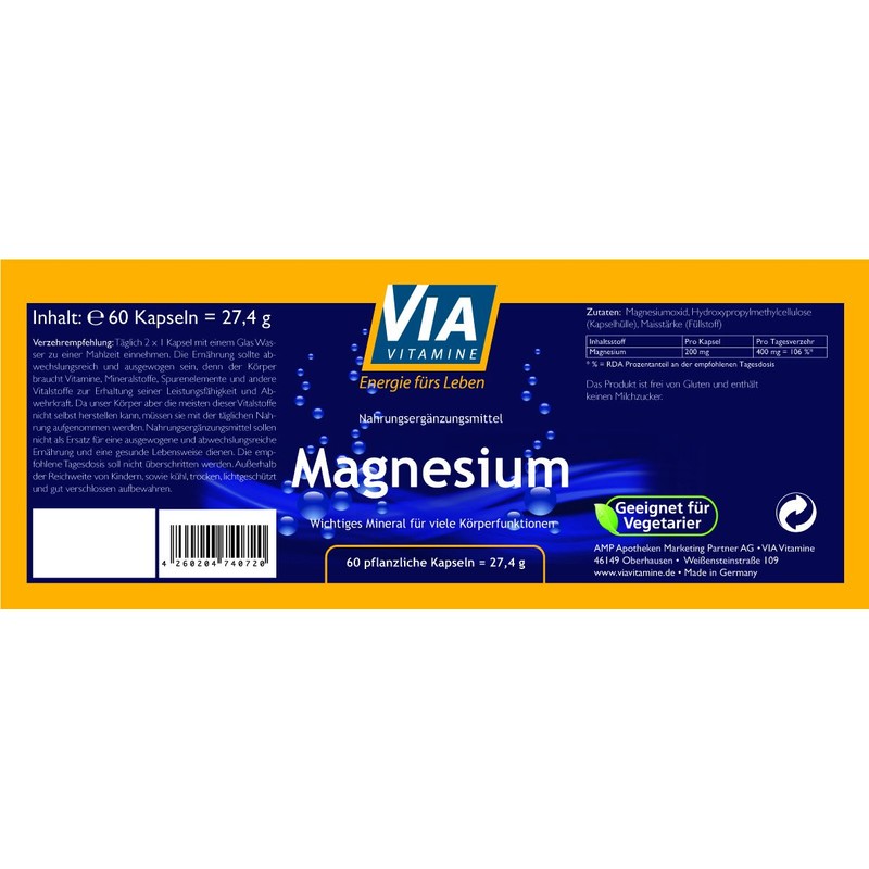 Magnesium 60 Capsules 200 mg Pure Natural, Vegan without Additives,