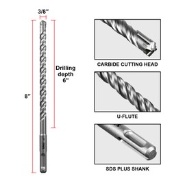 SALI 10PCS 3/8"*8" SDS Plus Rotary Hammer Drill Bit Concrete Drill Bit Kit Cross-Type Double Thread Carbide Material Suitable for Brick, Cement Walls, Stone, Hammer Drill Bits