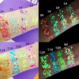 Fluorescent Sequin, 12 Colours Fluorescent Glitter Make-Up Glitter Sequins, Glitter Holographic Sequins Set, Glow in the Dark Chunky Festival Glitter Gel for Face, Nails, Body, Hair