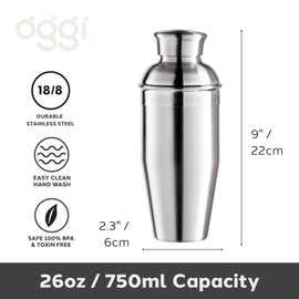 OGGI Classic Cocktail Shaker Stainless - 26 oz, Stainless Steel Construction, Built in Strainer - Ideal Home Bar Drink Mixer, Bartender Kit, Essential Bar Accessories