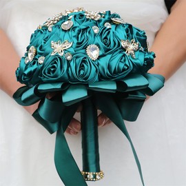 Mhojpik - Ramo de boda de novia de 9.8 pulgadas, color verde oscuro, con forma de ramo de flores artificiales para novia, dama de honor, boda, quinceañera