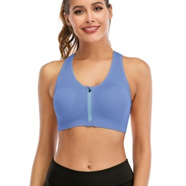FXTYK Zip Front Sports Bra Post Surgery Bra Yoga Workout Fitness Activewear Racerback Padded Bras for Women, lightblue, M