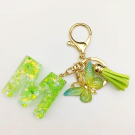 MBZRQKZS Green Letter A-Z Keychain for Women Tassel Butterfly Key Ring for Purse Handbag Car Keys,M