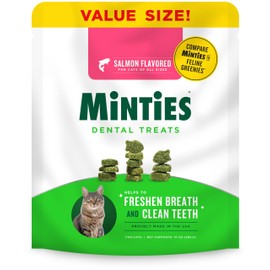 Minties Dental Treats for Cats, Salmon Flavored Treats for Cats, Freshens Breath and Controls Tartar, 10oz