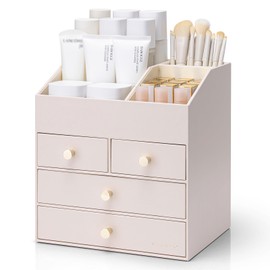 Vlando Makeup Organizer Countertop,Large Vanity Organizer PU Leather Make up Storage with 4 Drawers Skincare Organizer Cosmetic Display Case for Lipstick,Brushes-Apricot White