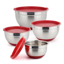 MARSKITOP Stainless Steel Mixing Bowls with Lids Set, 4 Piece Nesting Mixing Bowls with Airtight Lids, Measurement Marks and Red Non-Slip Bottoms, Great for Mixing and Serving, 1.5QT, 2QT, 3QT, 5QT
