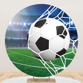 Ttincceer Football Field Backdrop 6.5ft Soccer into Goal Net Game Sports Round Background Cover Green Grass Stadium Spotlight Photography Backdrop Studio Portrait Shooting Props