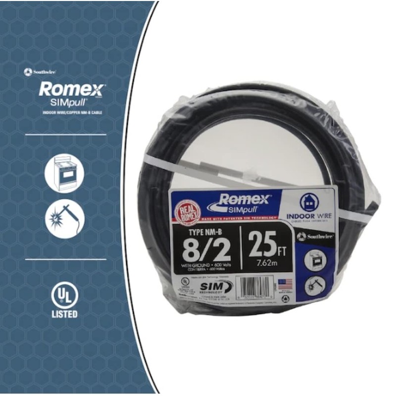 Southwire 28893621 8/2 AWG 25ft. Nonmetallic With Ground Sheathed Cable,