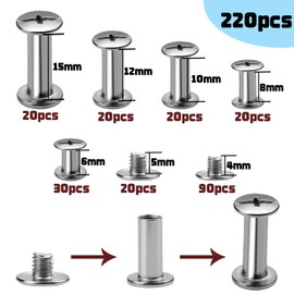 Pack of 220 Book Screws Nickel-Plated 4/5 mm Chicago Screws Binding Screw Rivets Book Screw Belt Screws Cross Head Bookbinding Screws Set for Leather Belt Book Paper DIY Crafts