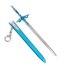 Sword Art Online Keychain, SAO Euzio Blue Sword Single Hand Sword Pendant Keyring SAO Couple Keychain, Blue metal color
